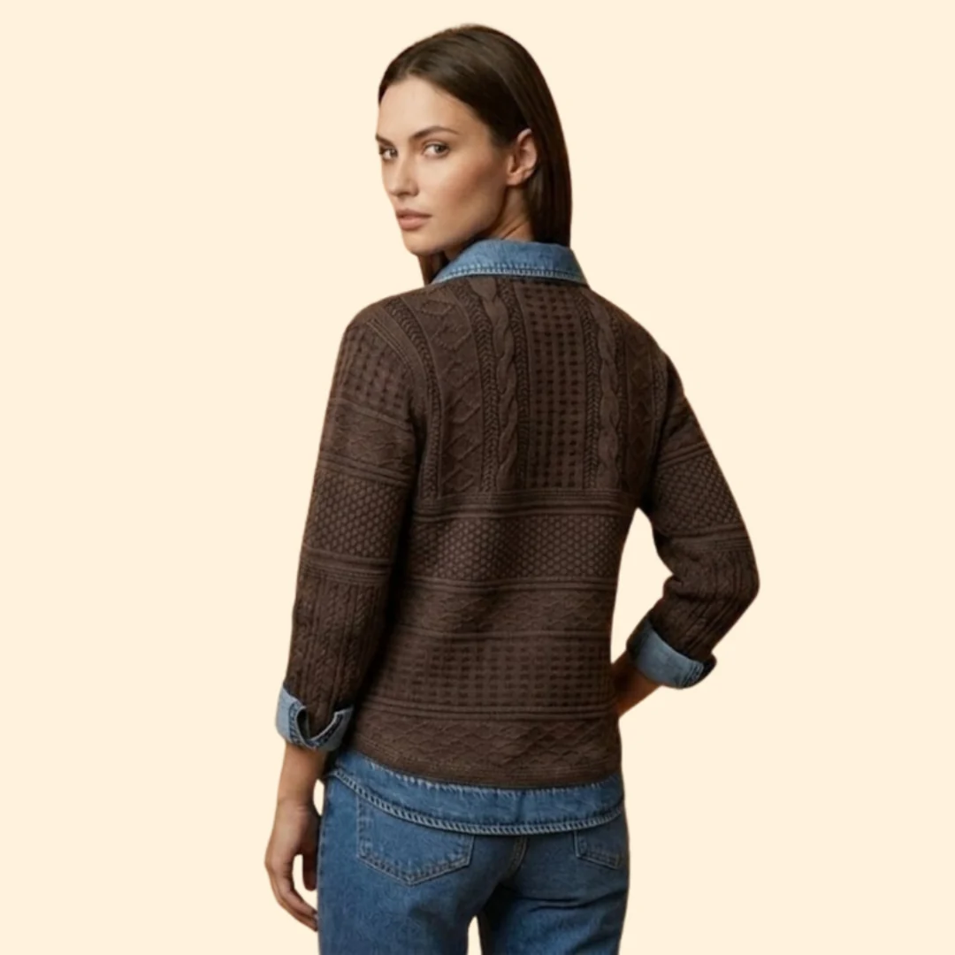 Women’s Knit Sweatshirt with Denim Print Collar - Image 4