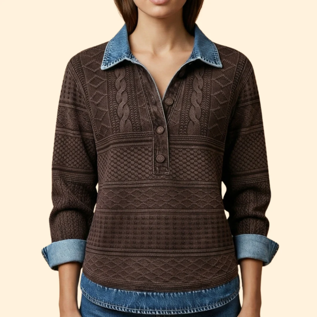 Women’s Knit Sweatshirt with Denim Print Collar - Image 5