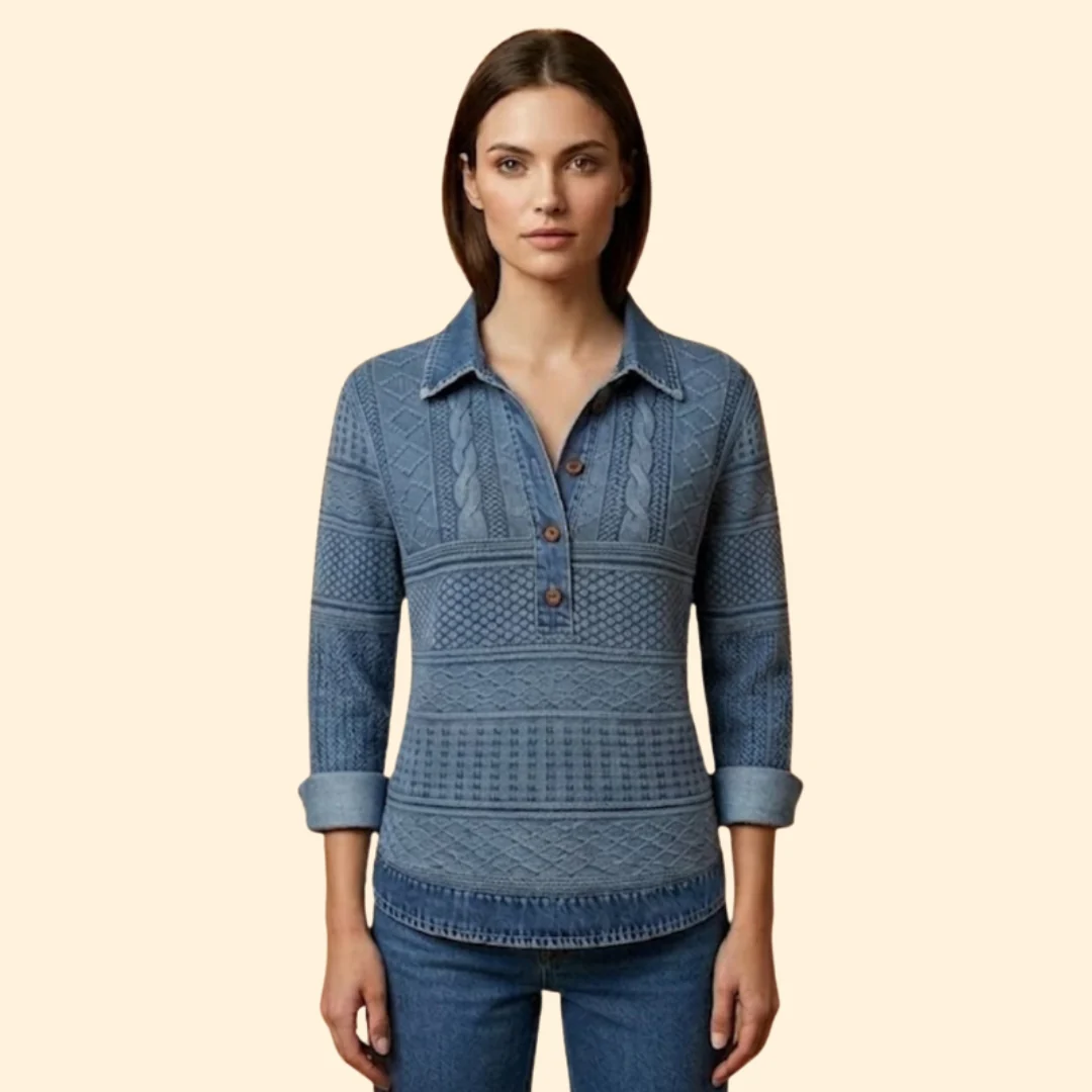 Women’s Knit Sweatshirt with Denim Print Collar - Image 6