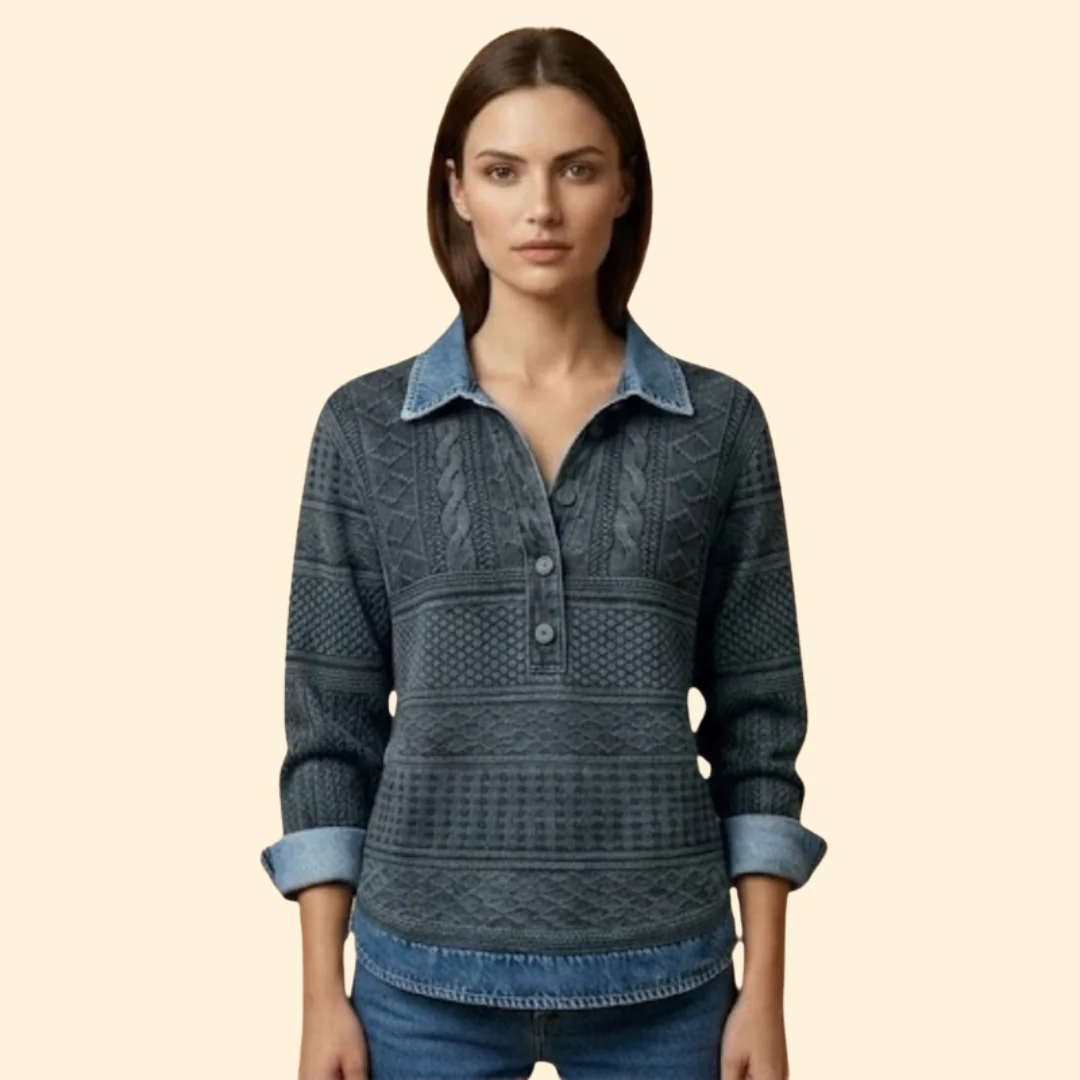 Women’s Knit Sweatshirt with Denim Print Collar - Image 7