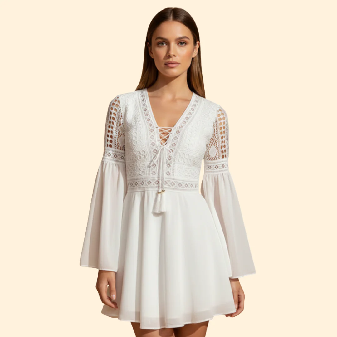 Women's Lace Detail Dress with Trumpet Sleeves - Image 2