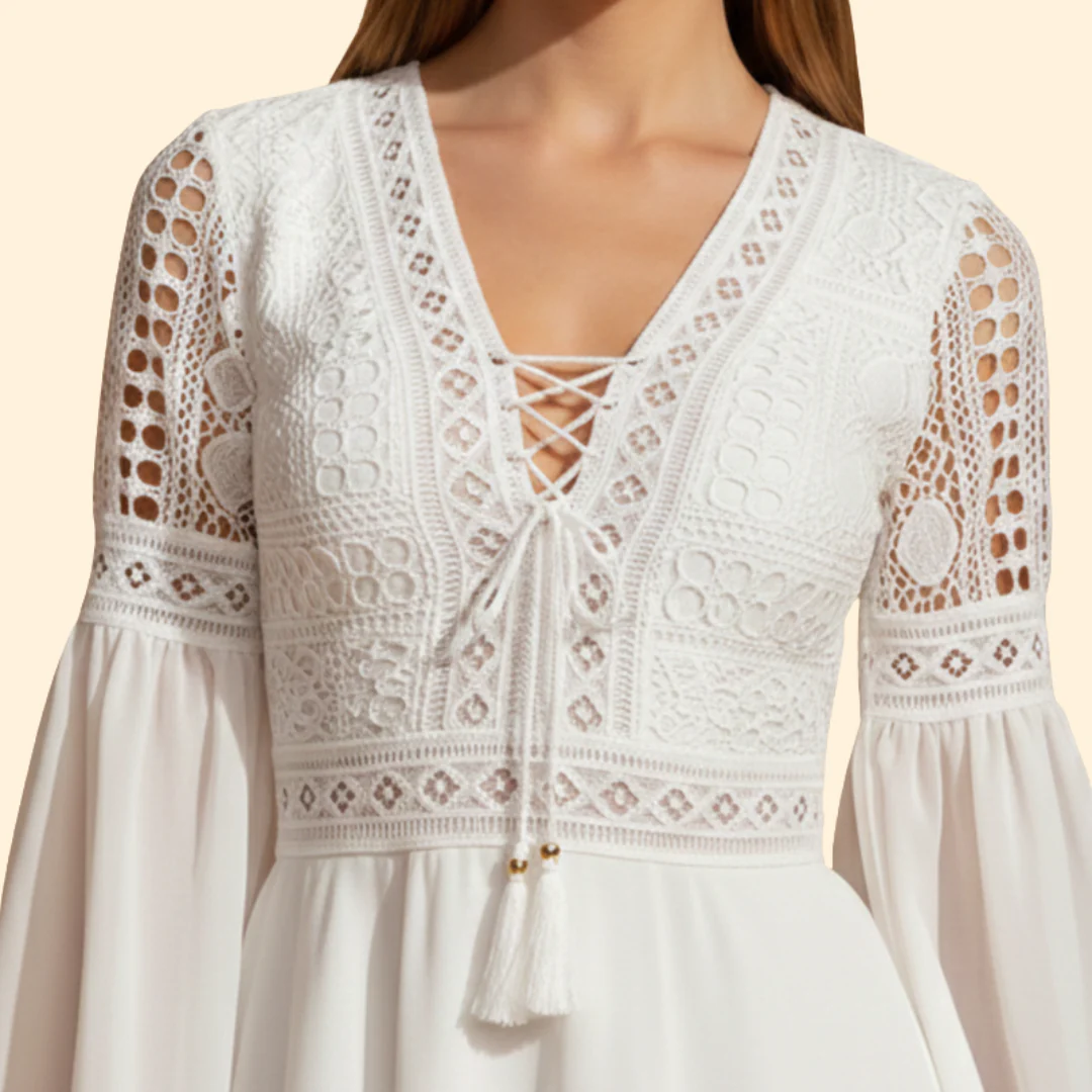 Women's Lace Detail Dress with Trumpet Sleeves - Image 4