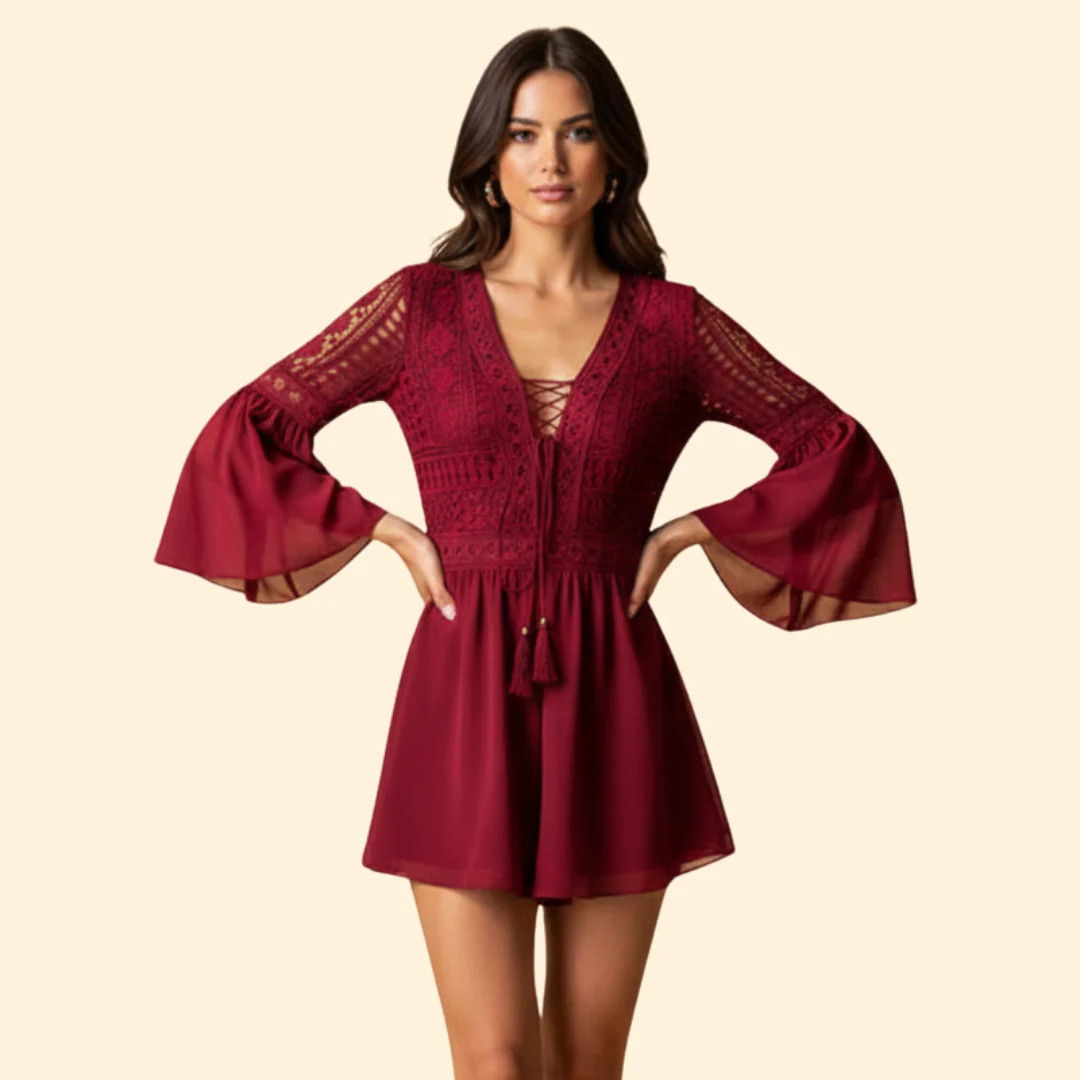 Women's Lace Detail Dress with Trumpet Sleeves - Image 8