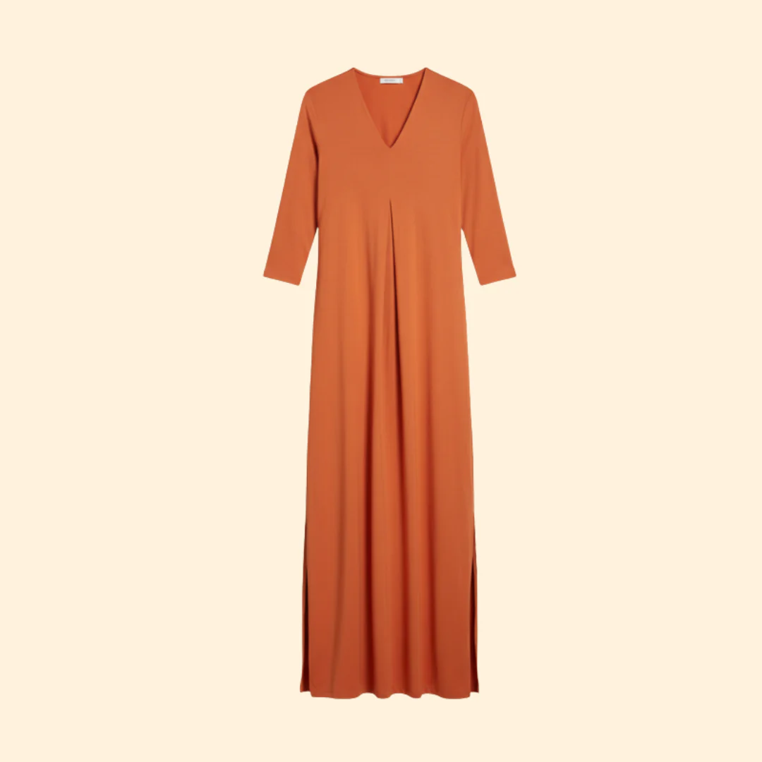 Women's Long Dress with Pleated V-Neck