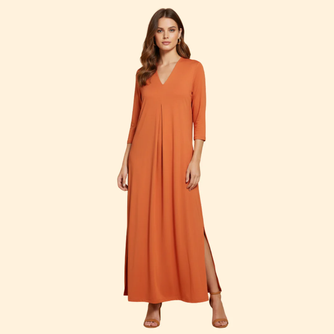 Women's Long Dress with Pleated V-Neck - Image 2