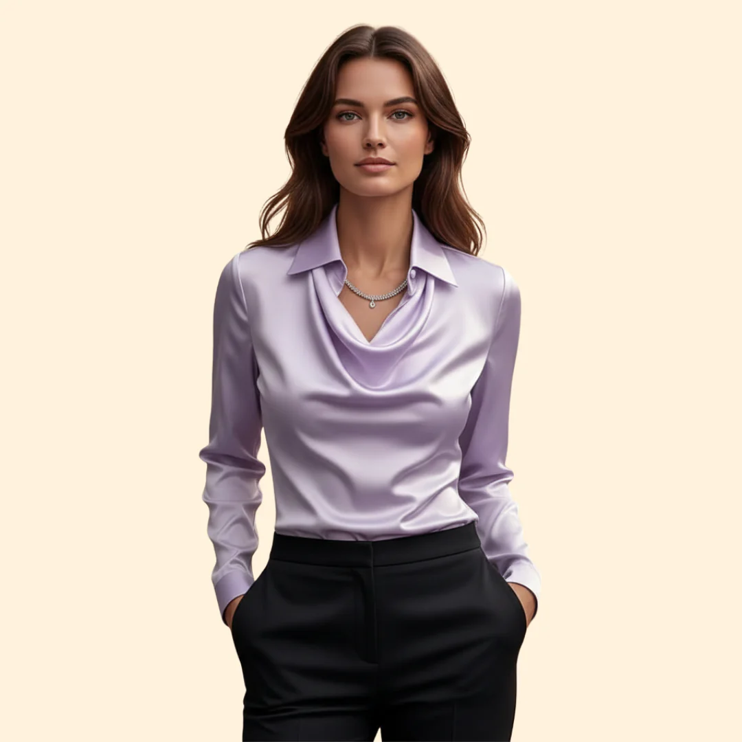 Women’s Long Sleeve Blouse with Draped Neckline - Image 11