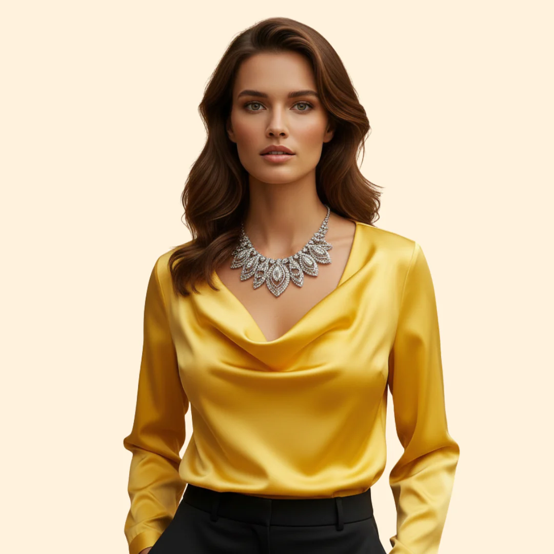 Women’s Long Sleeve Blouse with Draped Neckline - Image 4