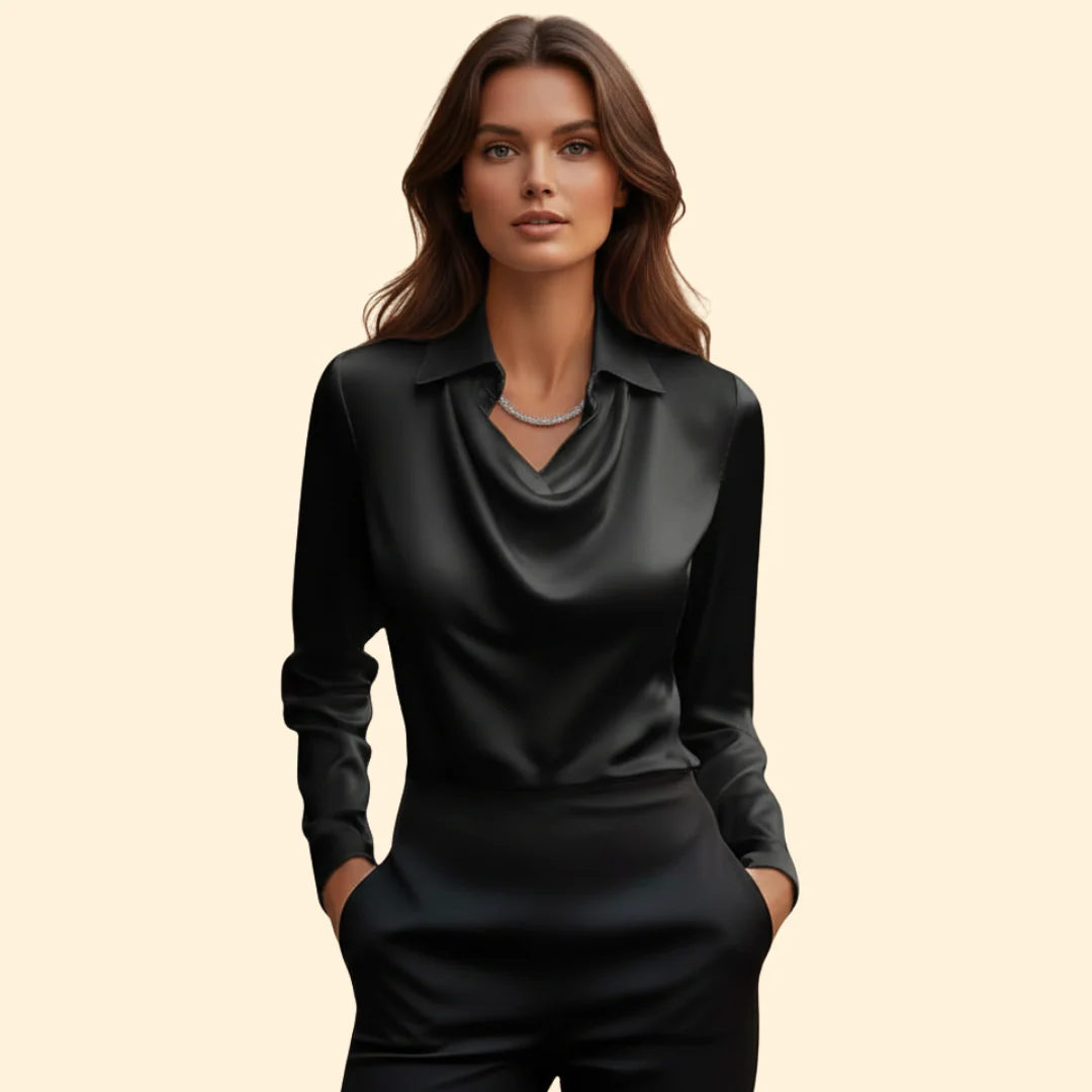 Women’s Long Sleeve Blouse with Draped Neckline - Image 7