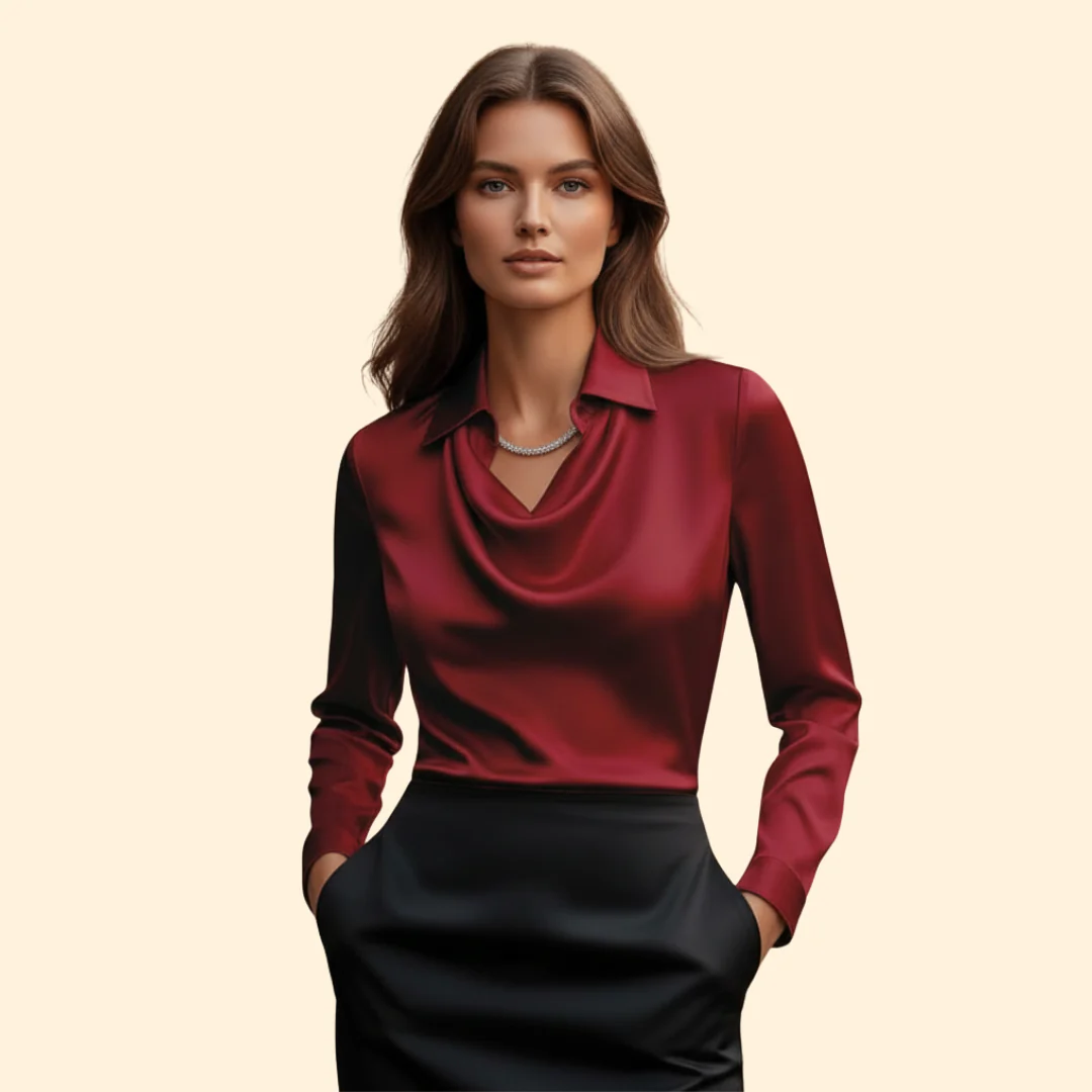 Women’s Long Sleeve Blouse with Draped Neckline - Image 9