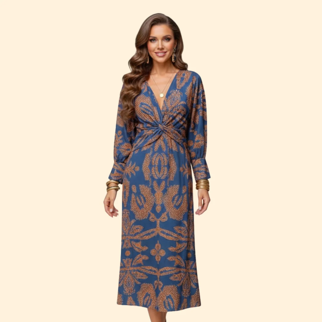 Women’s Long Sleeve Boho Dress with Floral Pattern - Image 2