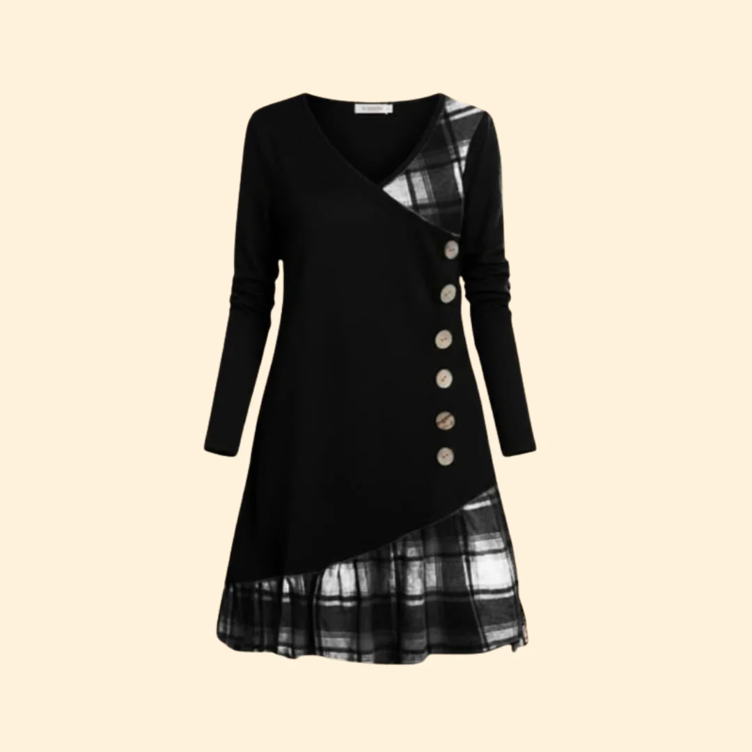 Women's Long Sleeve Dress with Plaid Hem