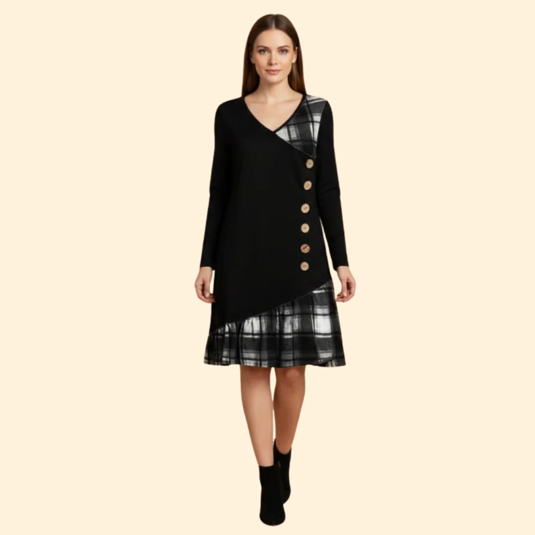 Women's Long Sleeve Dress with Plaid Hem - Image 2