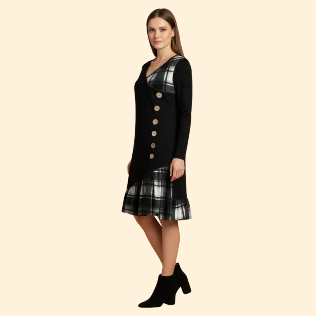 Women's Long Sleeve Dress with Plaid Hem - Image 4
