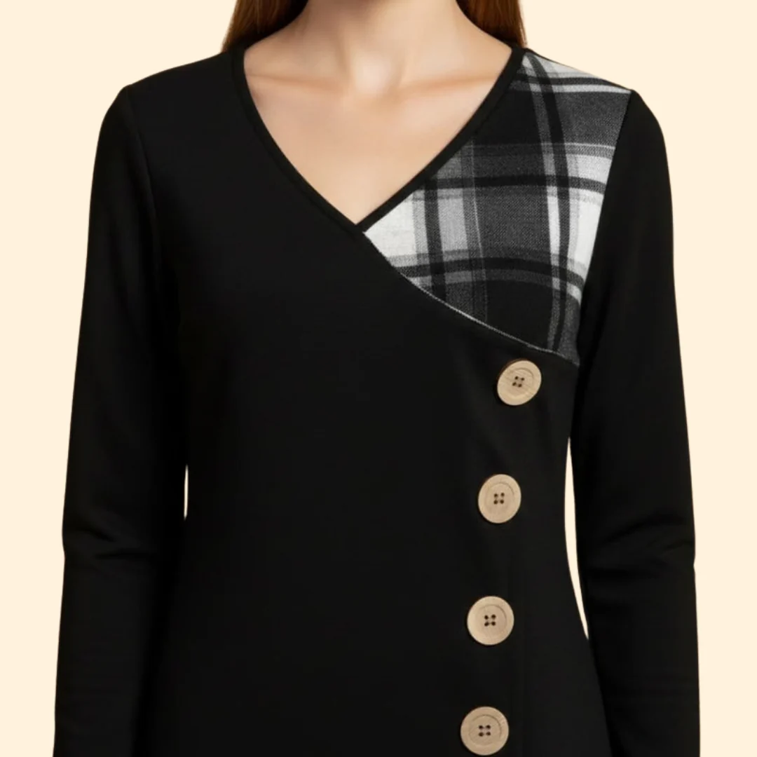Women's Long Sleeve Dress with Plaid Hem - Image 5