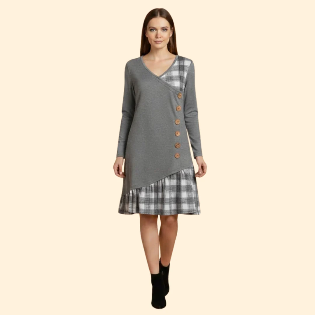 Women's Long Sleeve Dress with Plaid Hem - Image 7