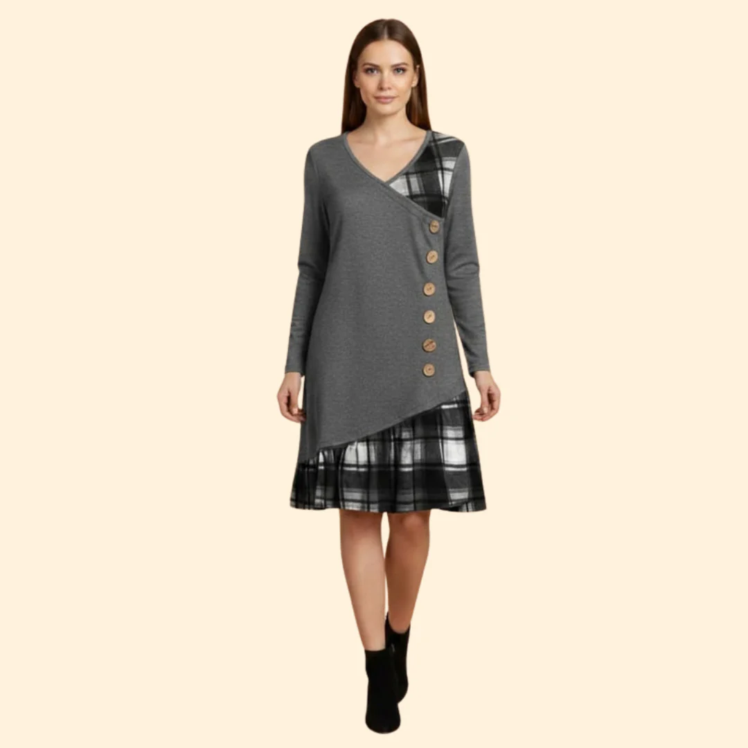 Women's Long Sleeve Dress with Plaid Hem - Image 8
