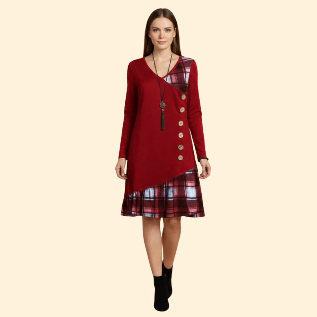 Women's Long Sleeve Dress with Plaid Hem - Image 9