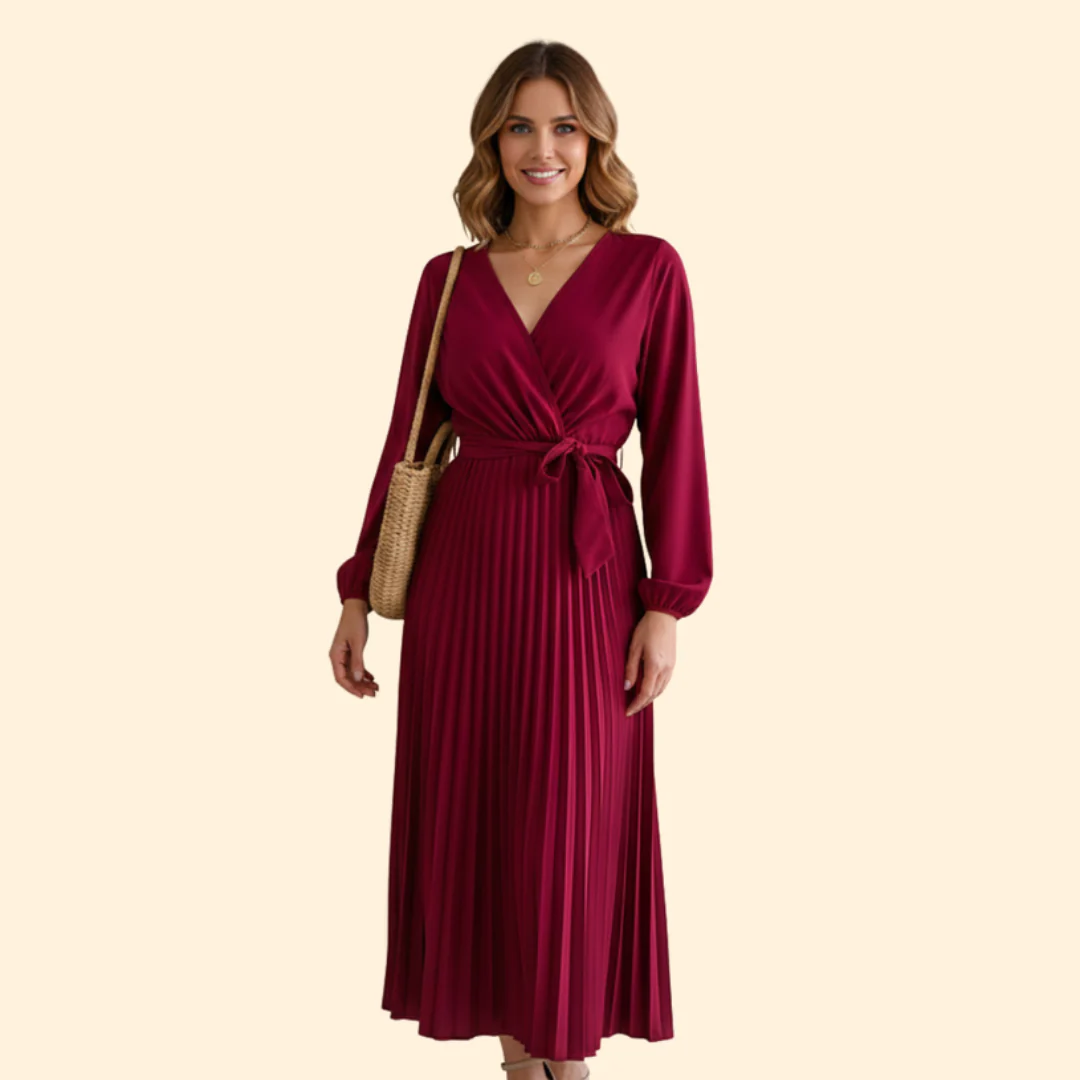 Women’s Long Sleeve Pleated Dress with Belt - Image 2