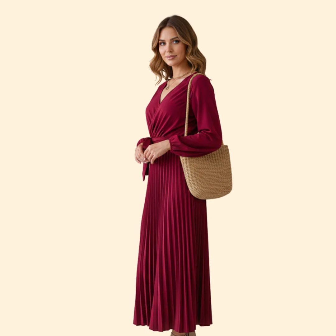 Women’s Long Sleeve Pleated Dress with Belt - Image 3