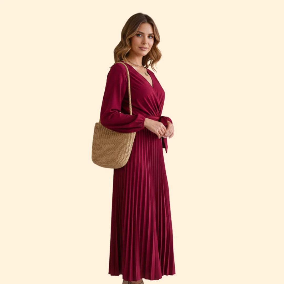Women’s Long Sleeve Pleated Dress with Belt - Image 4