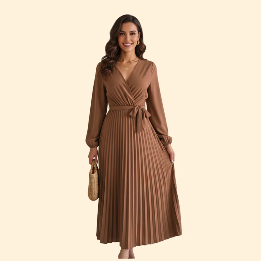 Women’s Long Sleeve Pleated Dress with Belt - Image 5