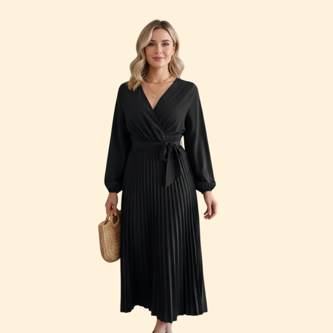 Women’s Long Sleeve Pleated Dress with Belt - Image 6