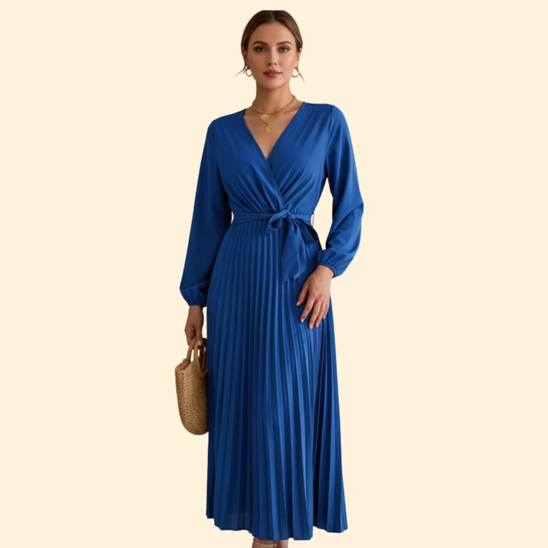 Women’s Long Sleeve Pleated Dress with Belt - Image 7