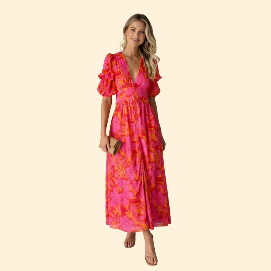 Women’s Maxi Dress with V-Neck and Puff Sleeves - Image 2