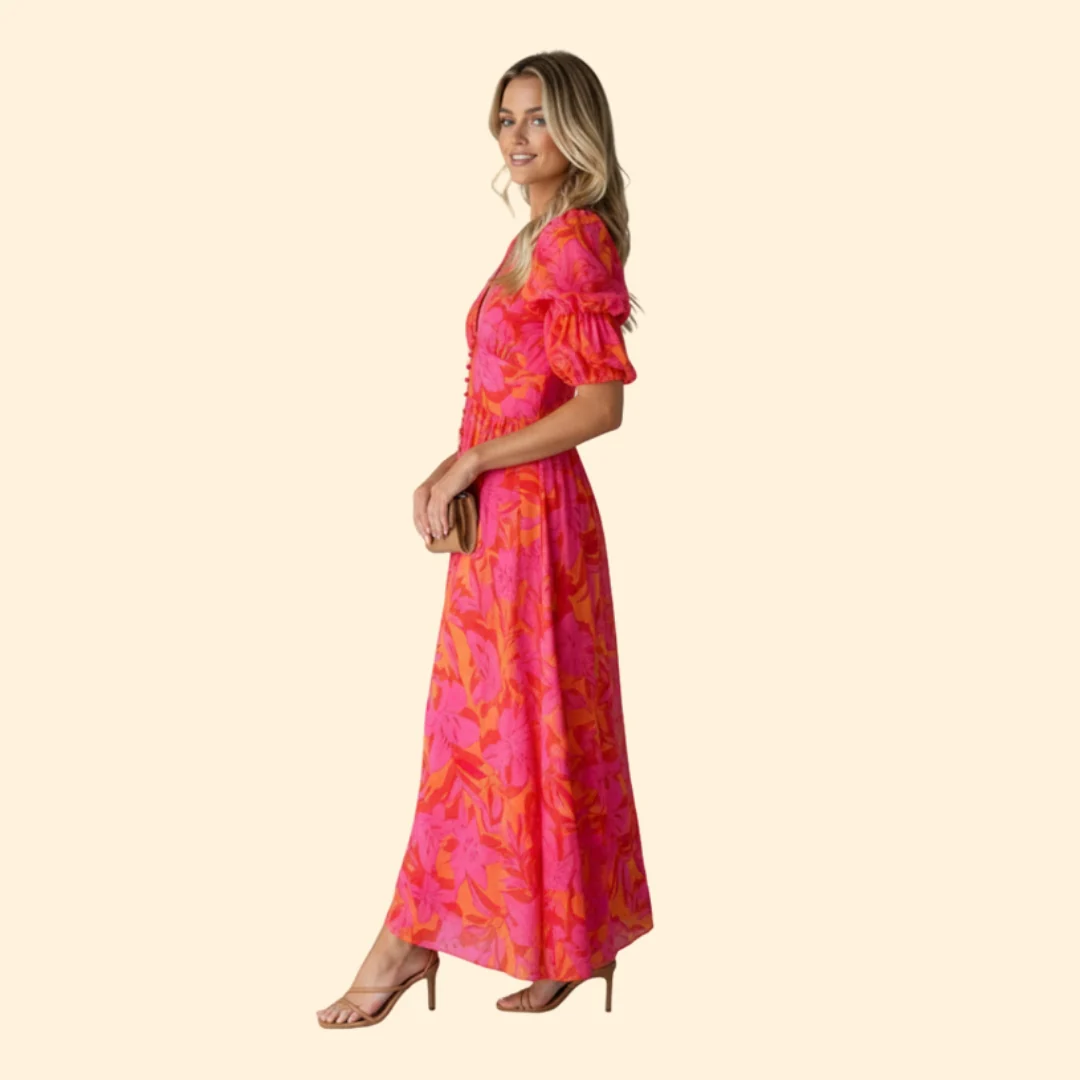 Women’s Maxi Dress with V-Neck and Puff Sleeves - Image 3