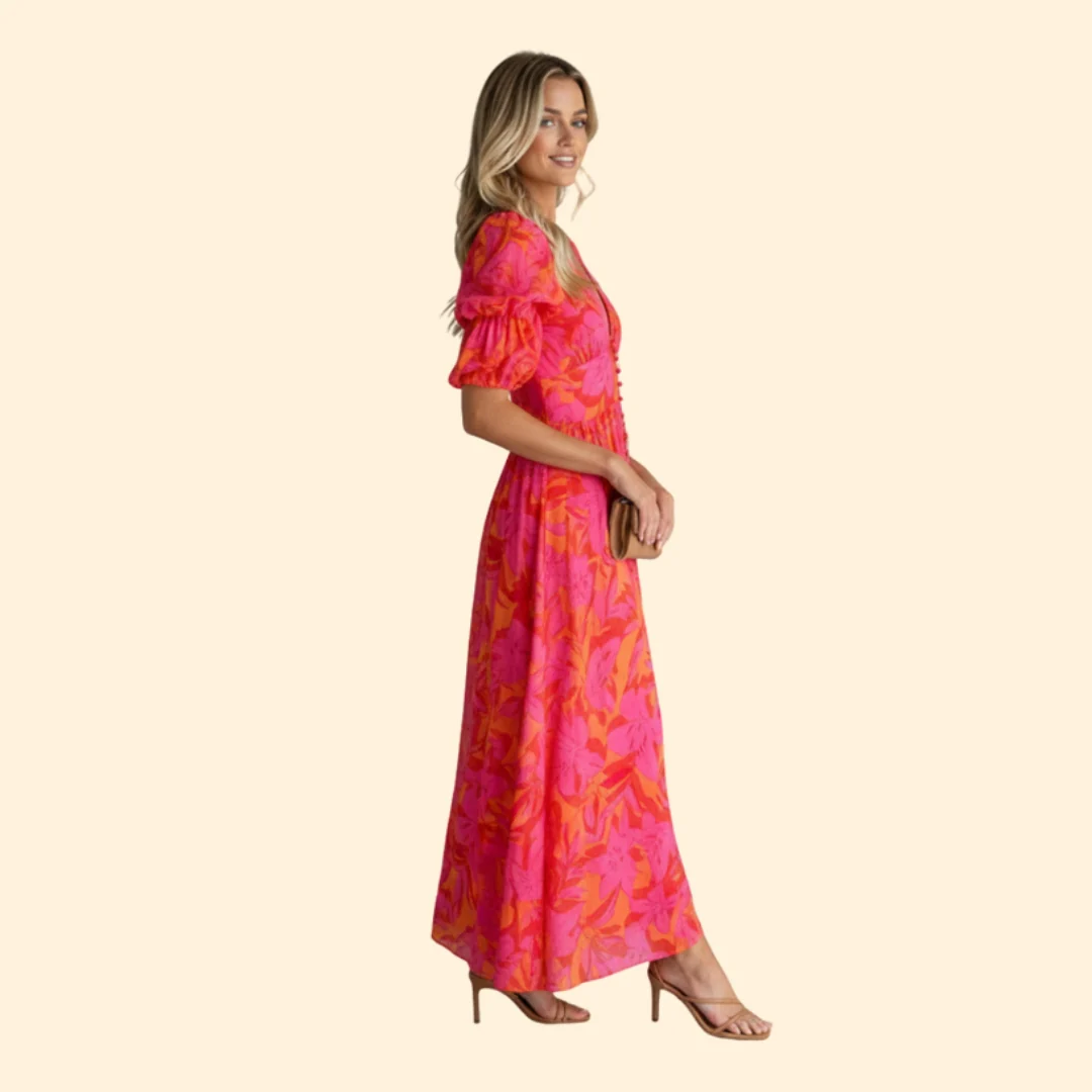 Women’s Maxi Dress with V-Neck and Puff Sleeves - Image 4
