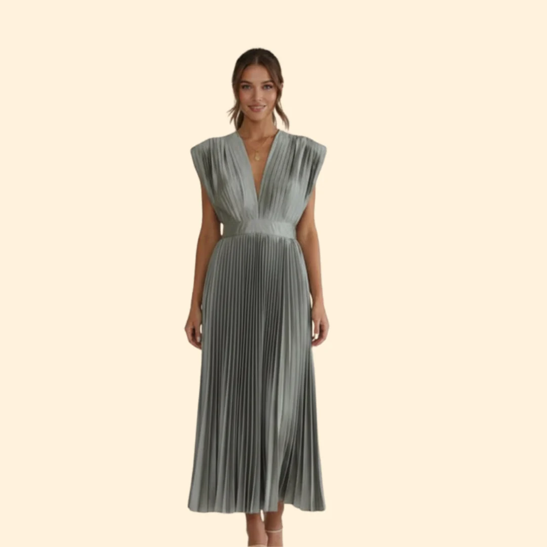 Women’s Pleated Dress with Deep V-Neck - Image 2
