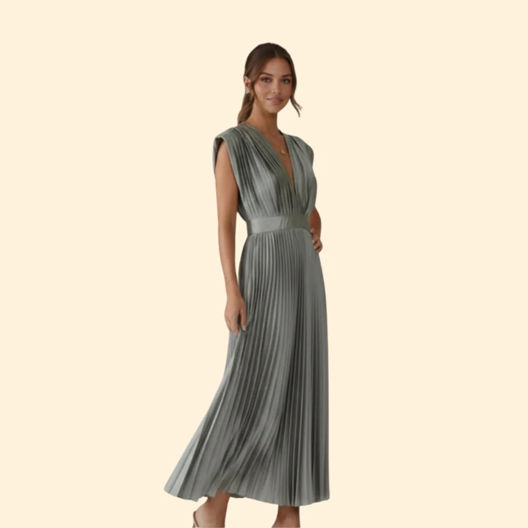 Women’s Pleated Dress with Deep V-Neck - Image 3