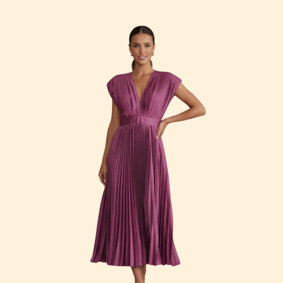 Women’s Pleated Dress with Deep V-Neck - Image 9
