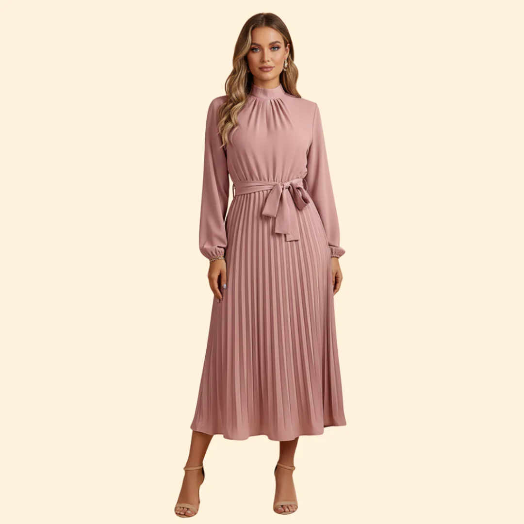 Women's Pleated Dress with Tie Belt - Image 10