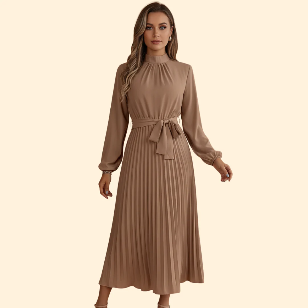 Women's Pleated Dress with Tie Belt - Image 11