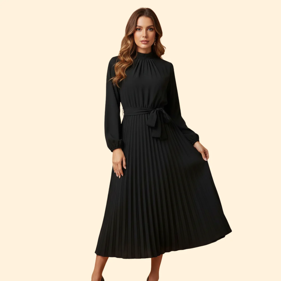 Women's Pleated Dress with Tie Belt - Image 12