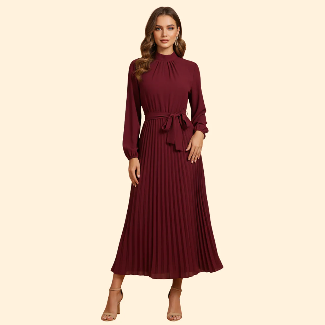 Women's Pleated Dress with Tie Belt - Image 2