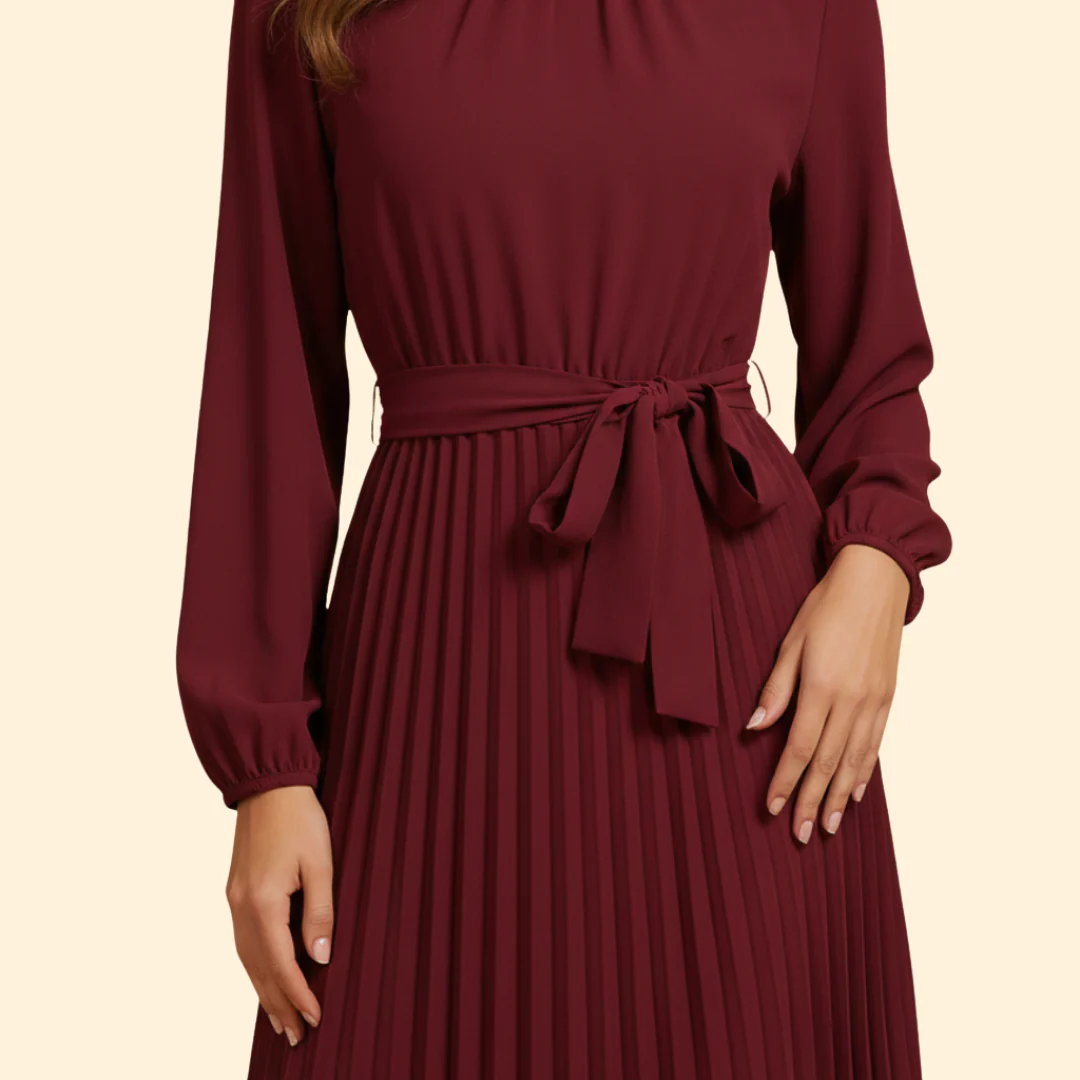 Women's Pleated Dress with Tie Belt - Image 6