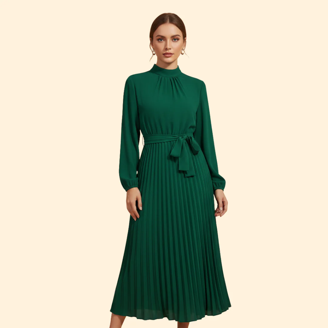 Women's Pleated Dress with Tie Belt - Image 9