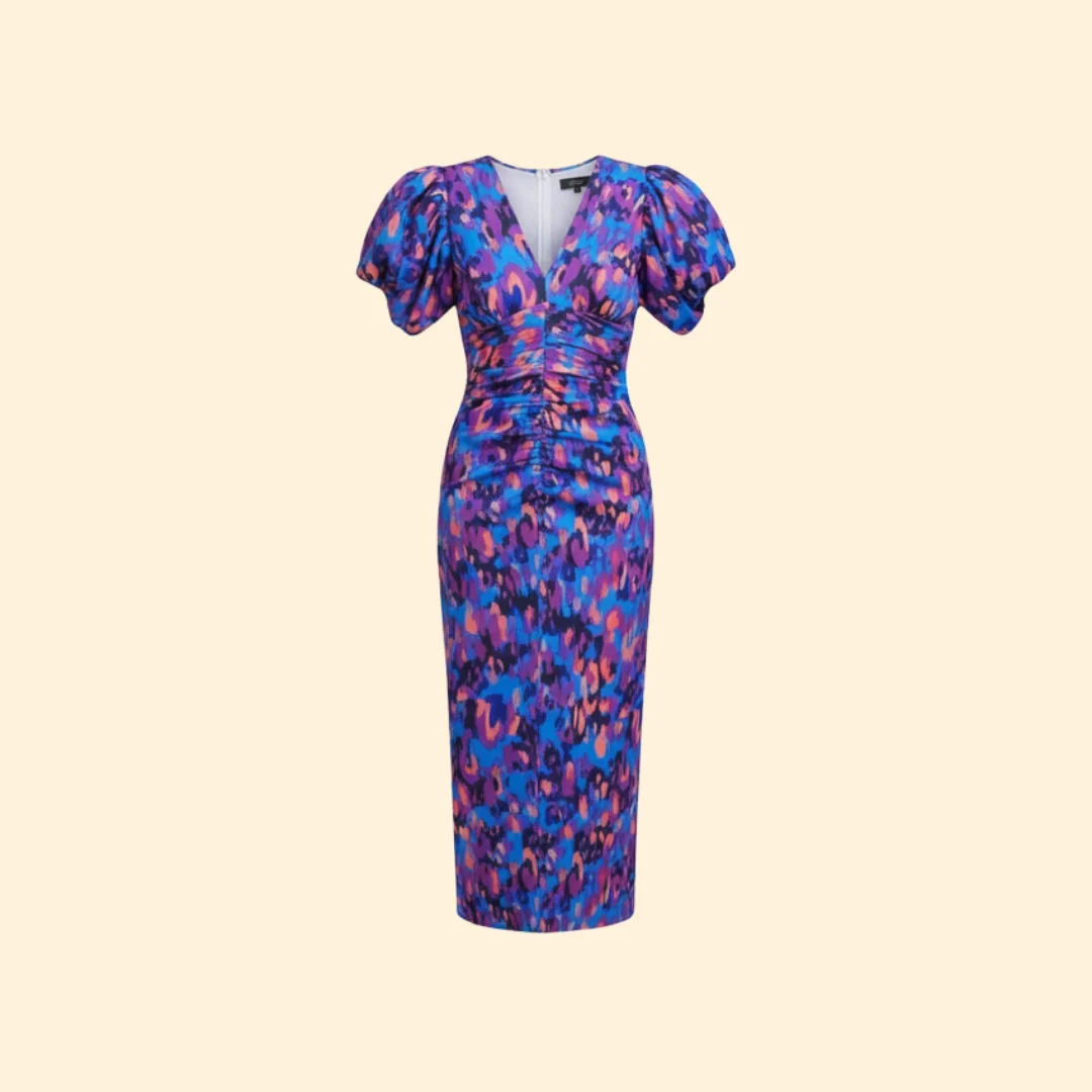 Women’s Puff Sleeve Midi Dress with V-Neckline