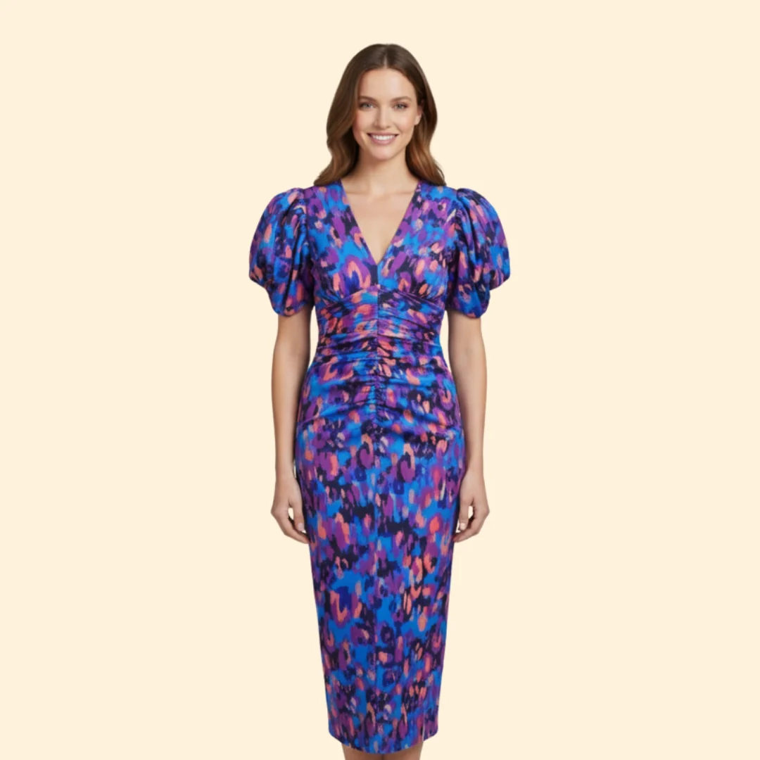 Women’s Puff Sleeve Midi Dress with V-Neckline - Image 2