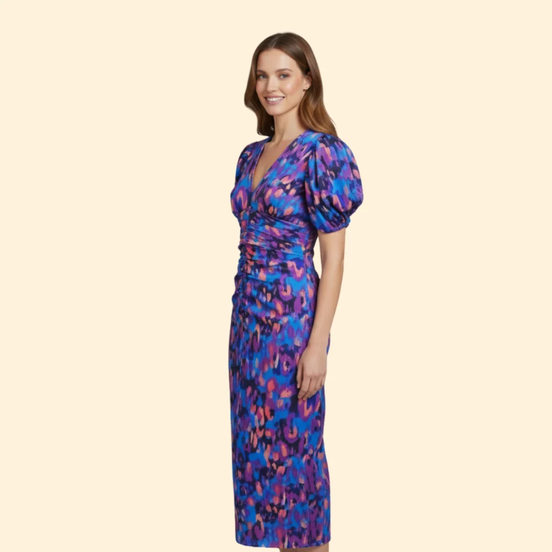 Women’s Puff Sleeve Midi Dress with V-Neckline - Image 3