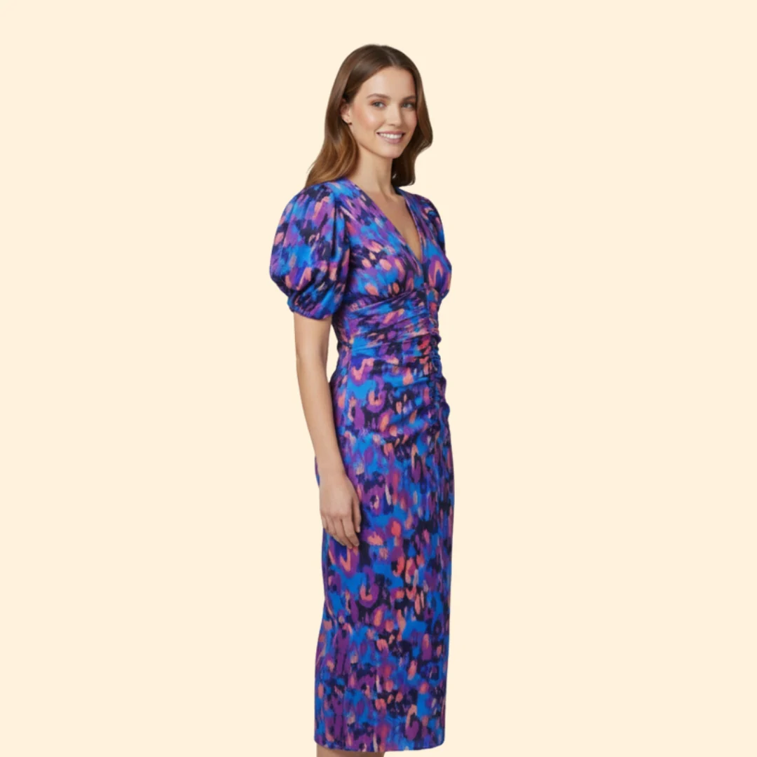 Women’s Puff Sleeve Midi Dress with V-Neckline - Image 4