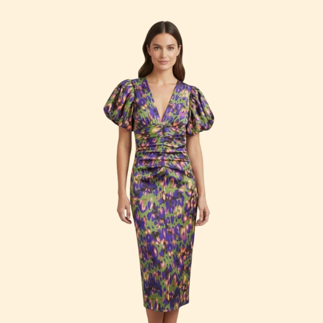 Women’s Puff Sleeve Midi Dress with V-Neckline - Image 6