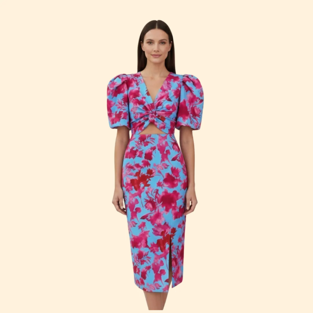 Women’s Puff Sleeve Midi Dress with V-Neckline - Image 7