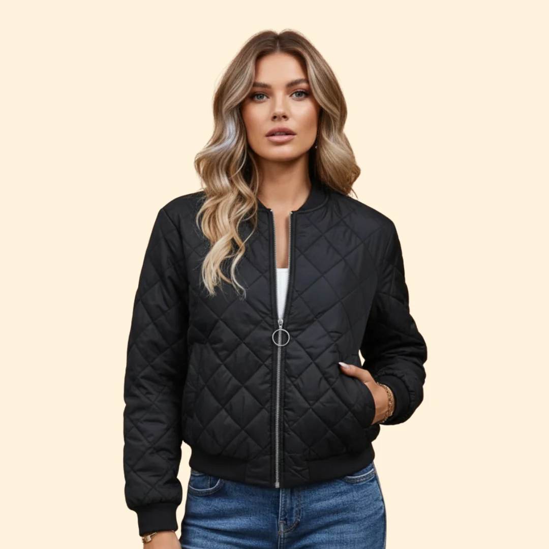 Women’s Quilted Bomber Jacket with Diamond Stitch Design - Image 2