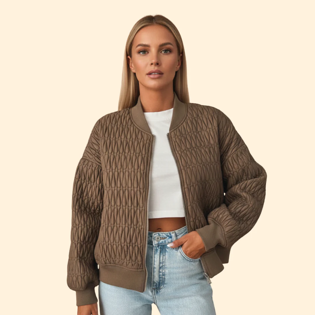 Women’s Quilted Bomber Jacket with Diamond Stitch Pattern - Image 2