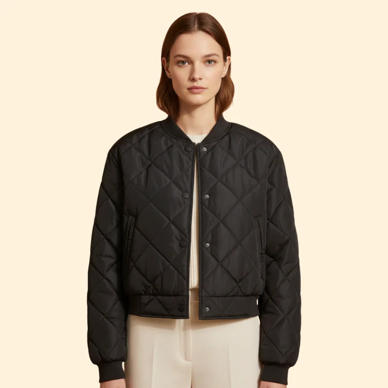 Women's Quilted Bomber Jacket with Snap Buttons - Image 2