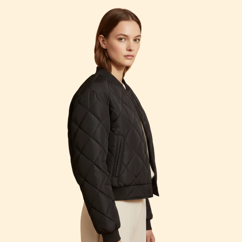 Women's Quilted Bomber Jacket with Snap Buttons - Image 3