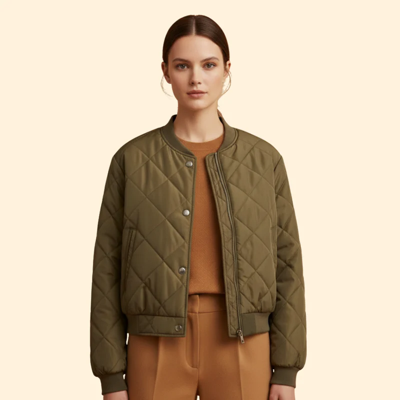 Women's Quilted Bomber Jacket with Snap Buttons - Image 8